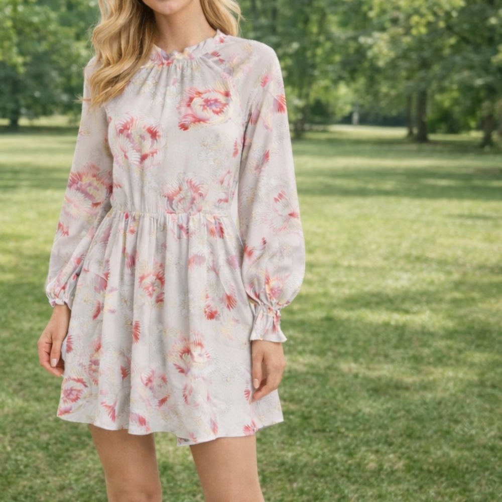 Floral Long-Sleeve Mini Dress in Light Pink